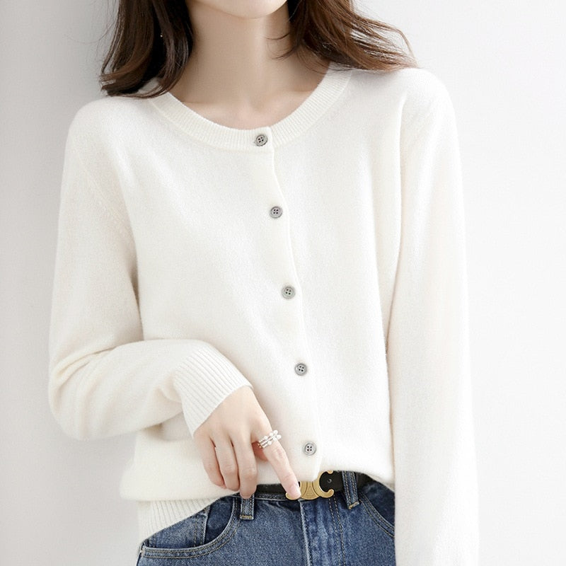 Cardigan Sweater Top Knit Long Sleeves Women's Round Neck Short Wool