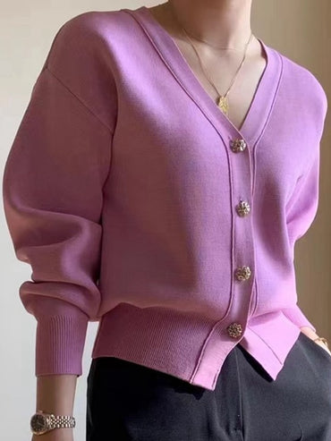 Women Sweater Embossed Button Knit Cropped Cardigan