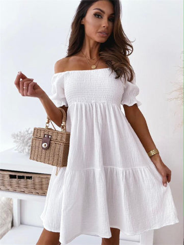 Women Sexy Backless Mini Dress Slash Neck White Puff Sleeve Dresses