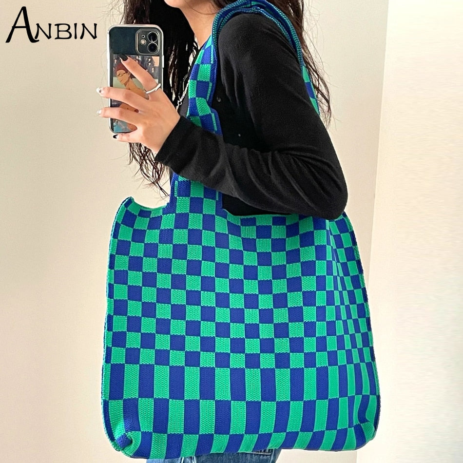 Women Checkered Shoulder Bag Woolen Knitted Classic Color Bags Tote