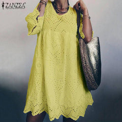 Flare Sleeve Hollow Out Dress Lace Crochet Sundress Cotton Linen