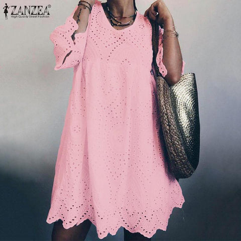 Flare Sleeve Hollow Out Dress Lace Crochet Sundress Cotton Linen