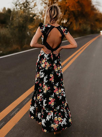 Long Maxi Dress Sexy Backless Party Beach Dress Floral Sundress