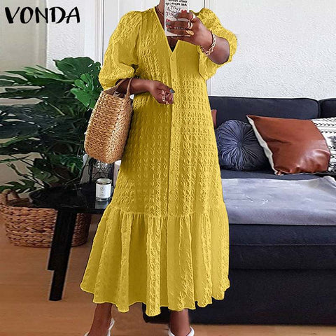 Half Sleeve V Neck Button Down Shirt Dress Pleated Long Dresses Casual
