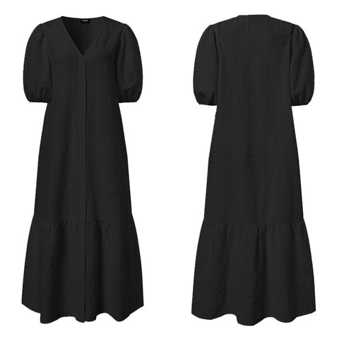 Half Sleeve V Neck Button Down Shirt Dress Pleated Long Dresses Casual