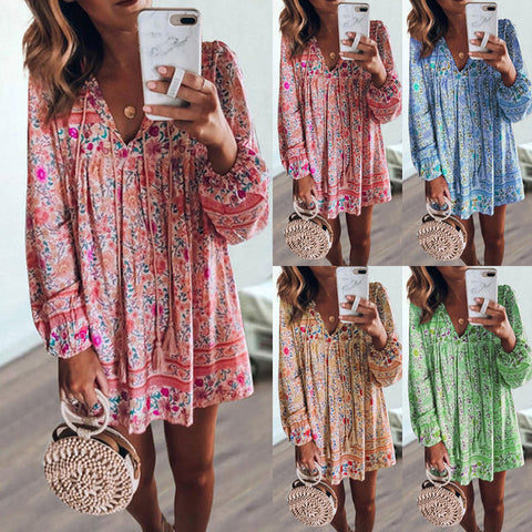 Pink Floral Print Tassel Casual Loose Lace Up Cotton Sundress