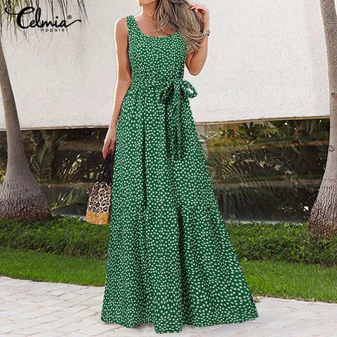Long Dress Sexy Sleeveless Pleated Floral Print Belted
