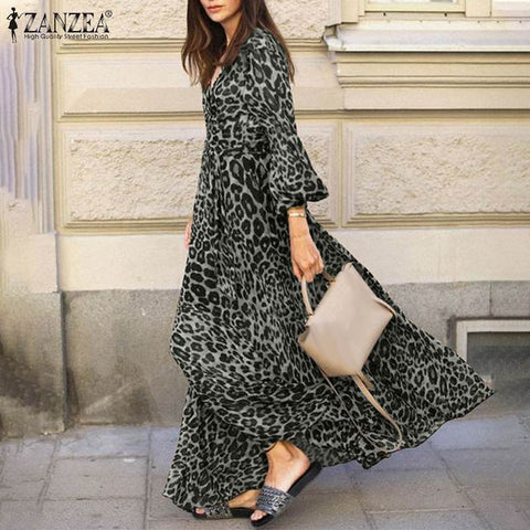 Leopard Sundress Dress Puff Sleeve Maxi Casual V Neck