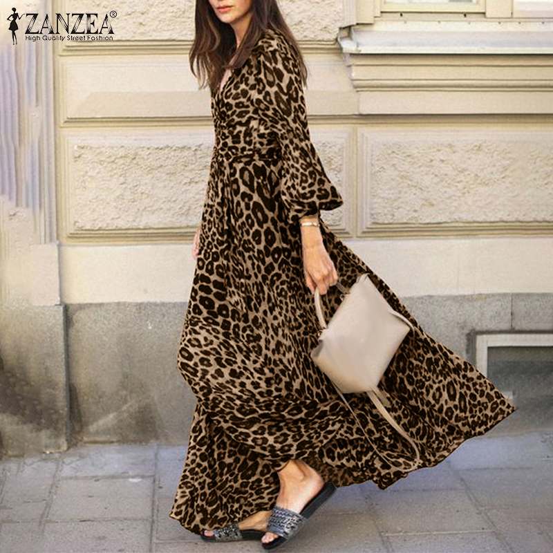 Leopard Sundress Dress Puff Sleeve Maxi Casual V Neck