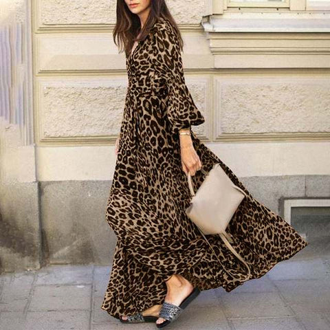 Leopard Sundress Dress Puff Sleeve Maxi Casual V Neck