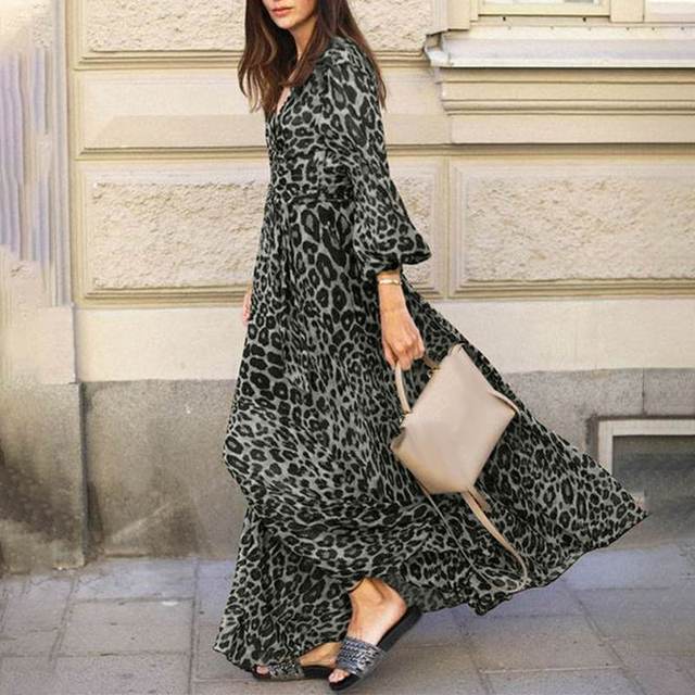 Leopard Sundress Dress Puff Sleeve Maxi Casual V Neck