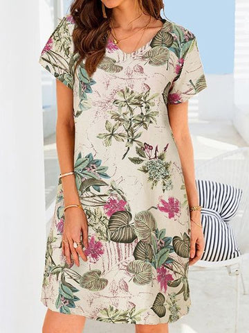 Knee Dress Vintage Cotton Linen  Casual Floral Print Sundress
