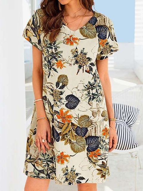 Knee Dress Vintage Cotton Linen  Casual Floral Print Sundress