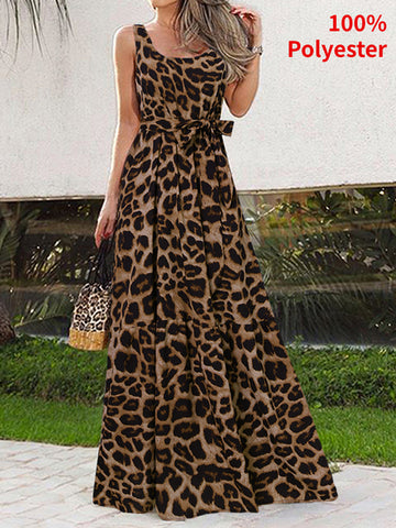 Vintage Maxi Sundress Sexy Sleeveless Leopard Print Party Dress Casual