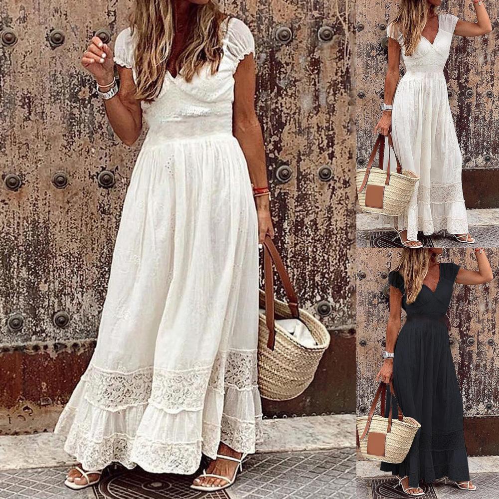 Hollow Out Lace Dress Vintage V Neck Long