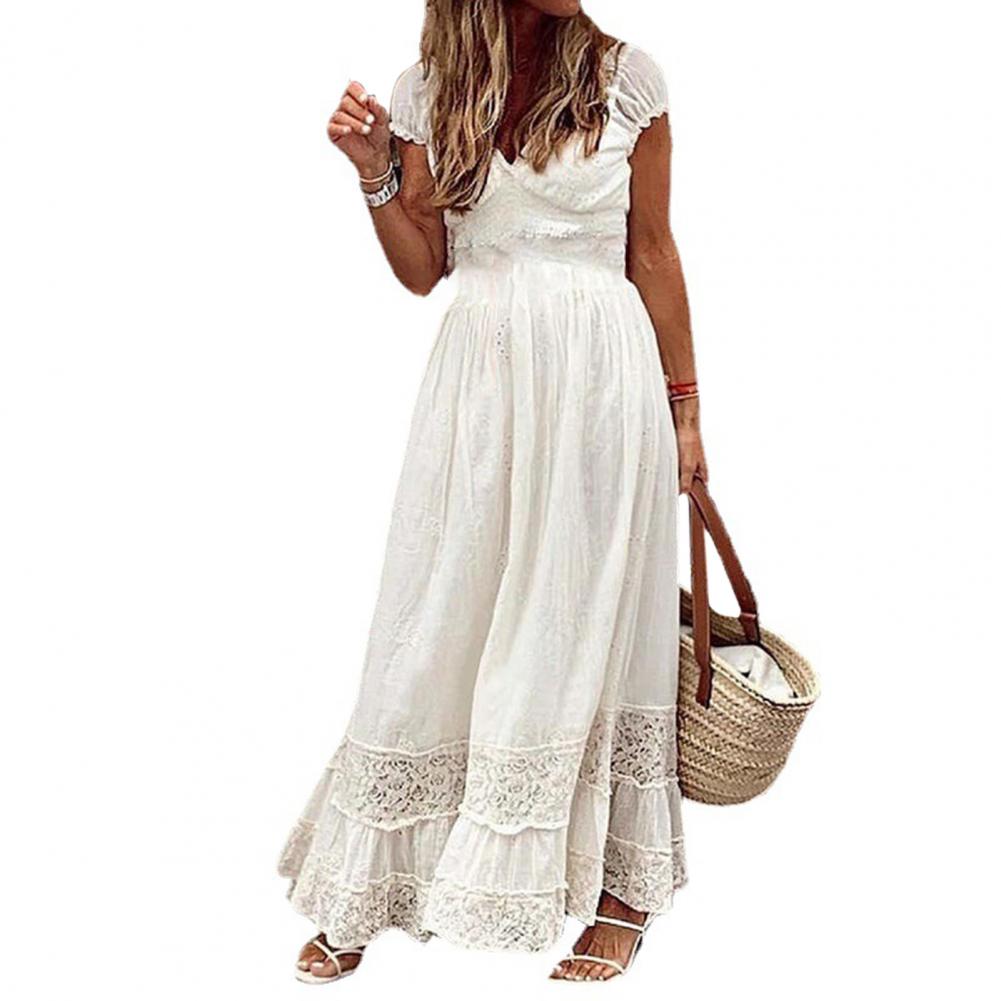 Hollow Out Lace Dress Vintage V Neck Long