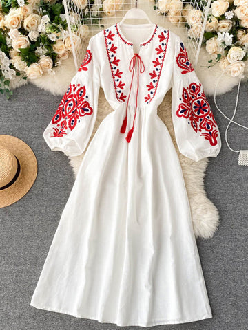 Dresses Embroidered Flower O-Neck Lantern Sleeve High Waist Pleated