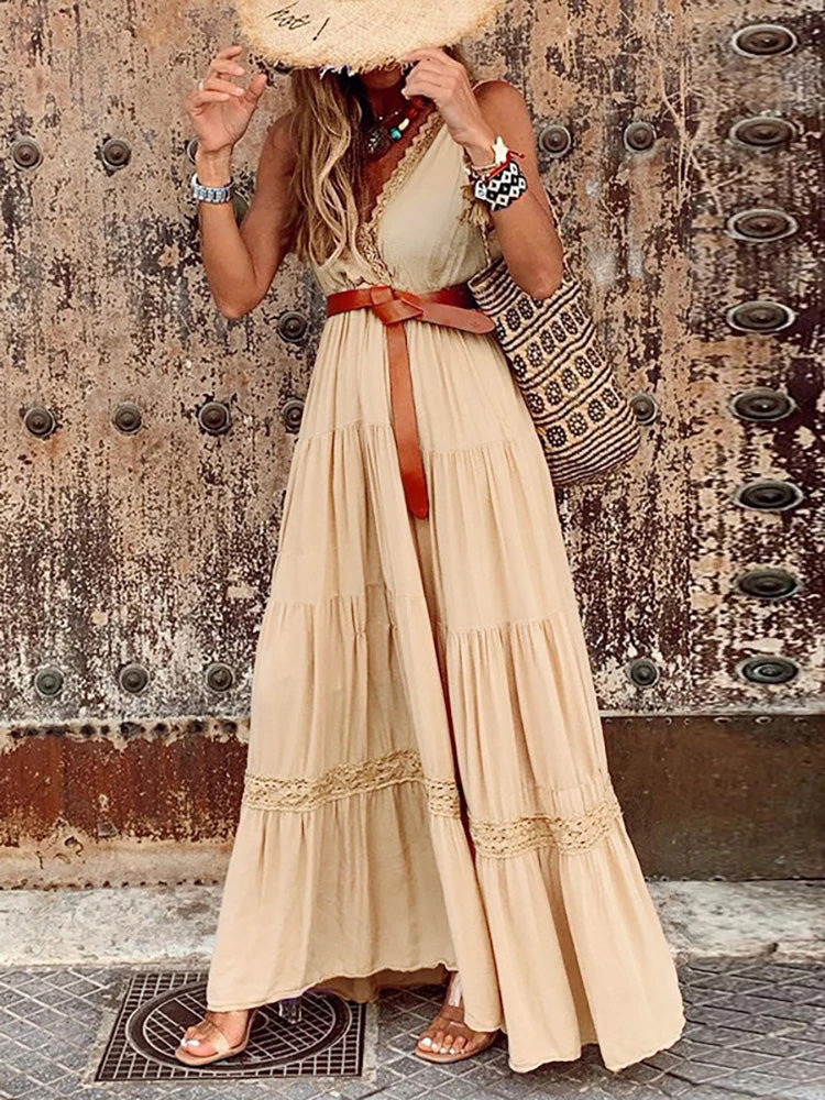 Lace Dress Sexy Patchwork Deep V-Neck Long Dress Sleeveless