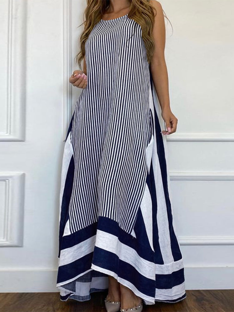 Elegant Sleeveless Robe Striped Print Patchwork Tank Dresses