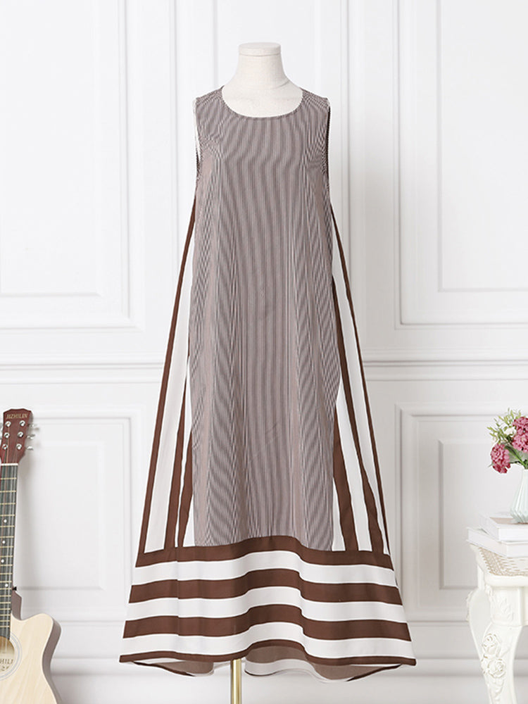 Elegant Sleeveless Robe Striped Print Patchwork Tank Dresses