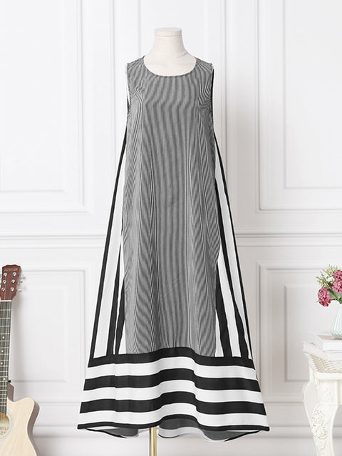 Elegant Sleeveless Robe Striped Print Patchwork Tank Dresses