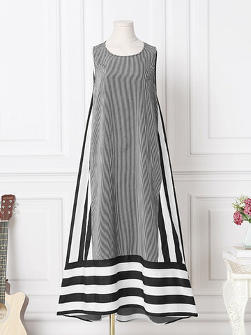 Elegant Sleeveless Robe Striped Print Patchwork Tank Dresses