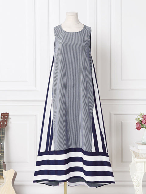 Elegant Sleeveless Robe Striped Print Patchwork Tank Dresses