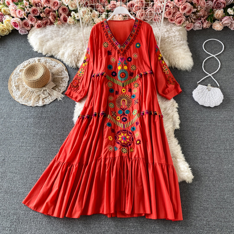 Floral Embroidery Mini Dress Short Sleeve V-neck Cotton and Linen