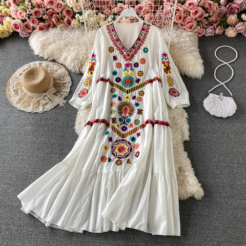 Floral Embroidery Mini Dress Short Sleeve V-neck Cotton and Linen