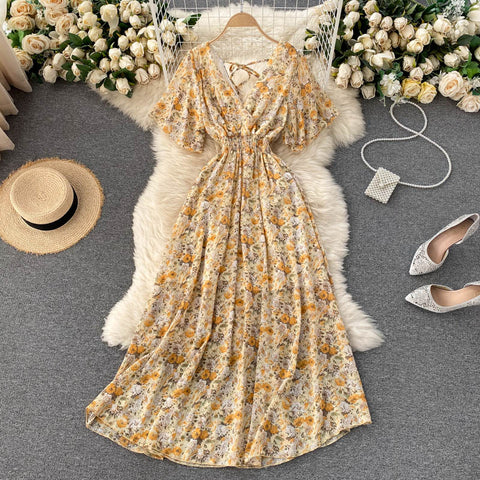 Chiffon Floral Long Dress V Neck Short Sleeve A-line Dresses