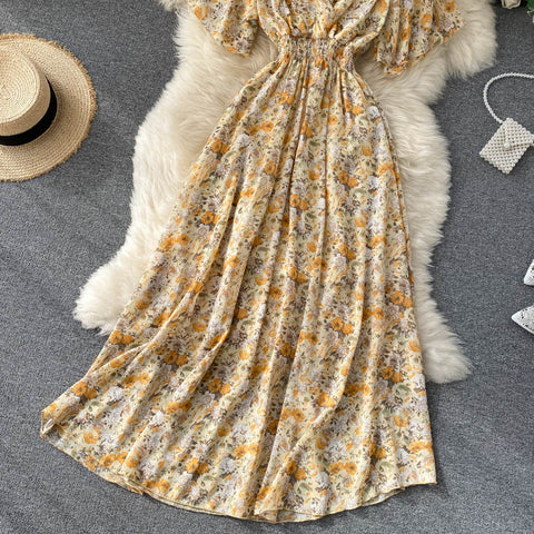 Chiffon Floral Long Dress V Neck Short Sleeve A-line Dresses