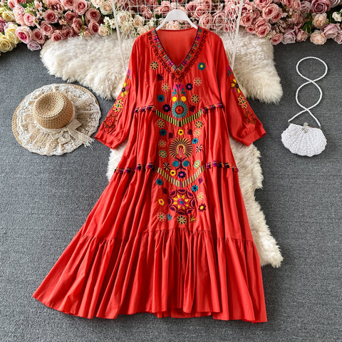 Floral Embroidery Mini Dress Short Sleeve V-neck Cotton and Linen