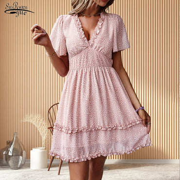 Sleeve Pleated Dress Floral Print Sweet High Waist A-line Chiffon