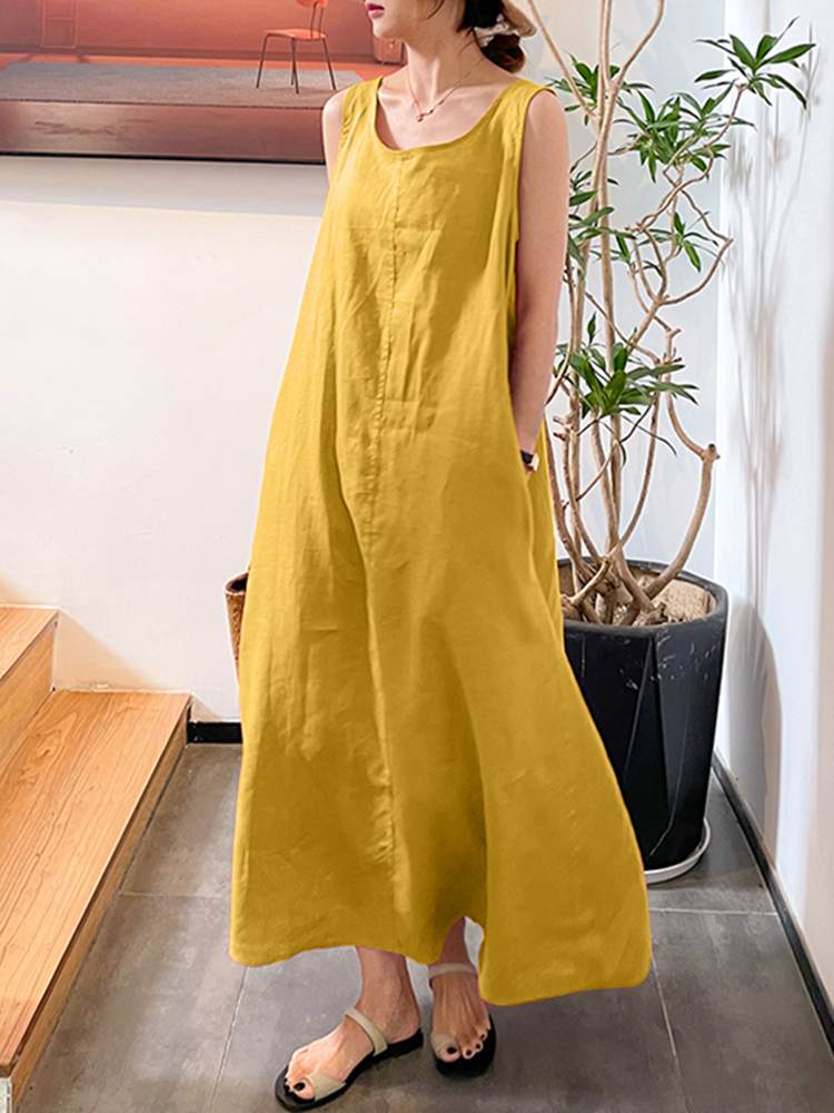 Mid-calf Dress Sleeveless Casual Party Solid A-line Sundress