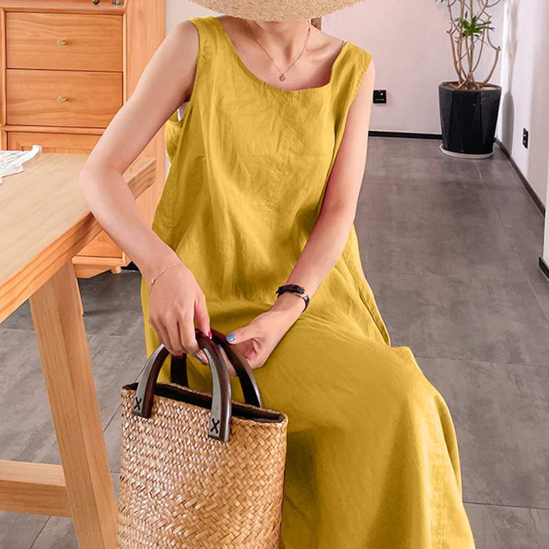 Mid-calf Dress Sleeveless Casual Party Solid A-line Sundress