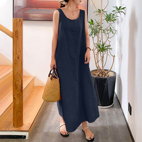 Mid-calf Dress Sleeveless Casual Party Solid A-line Sundress