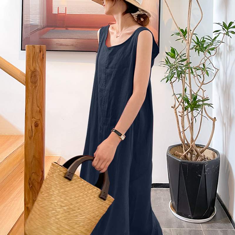 Mid-calf Dress Sleeveless Casual Party Solid A-line Sundress