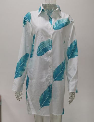 Shirt Dress Casual Print Button Long Sleeve Loose Beach Dresses