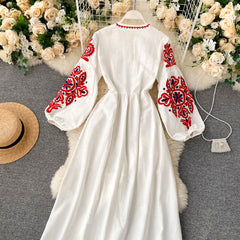 Dresses Embroidered Flower O-Neck Lantern Sleeve High Waist Pleated