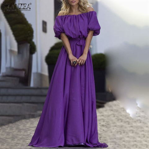 ZANZEA Solid Color Women Dress Bohemian Summer Short Sleeve Boat Neck Shoulder Sundress Femme Elegant Casual Party Robe 2022