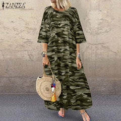 Camouflage Sundress Printed Party Dress Casual Short Sleeve Long