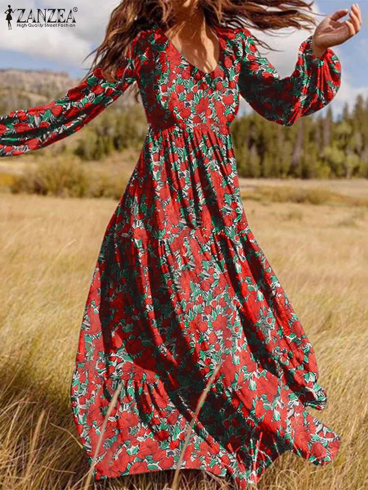 Printed Zipper V Neck Robe Longue Long Maxi Dress Casual