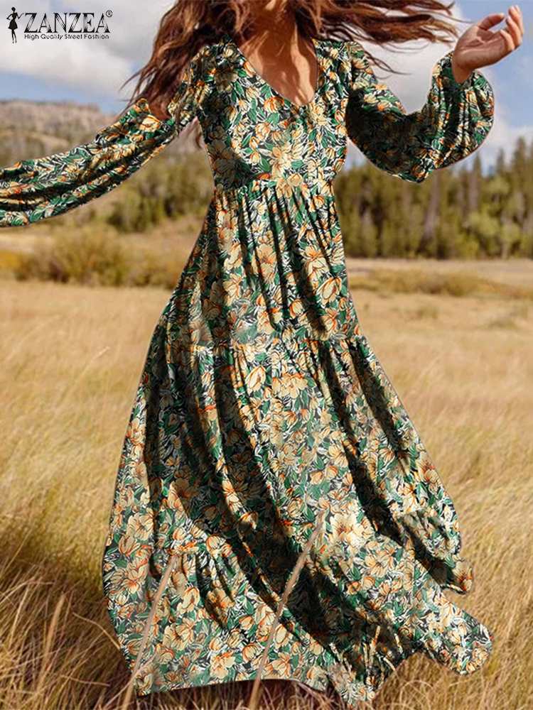 Printed Zipper V Neck Robe Longue Long Maxi Dress Casual