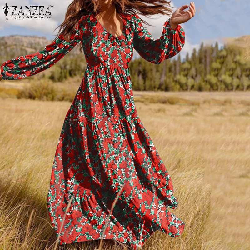 Printed Zipper V Neck Robe Longue Long Maxi Dress Casual