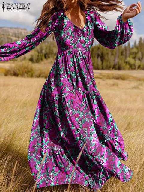 Printed Zipper V Neck Robe Longue Long Maxi Dress Casual