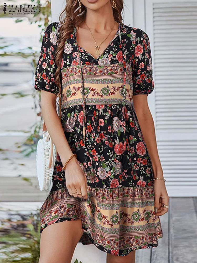 Casual Beach Printing Dress Half Sleeve V-Neck Sundress