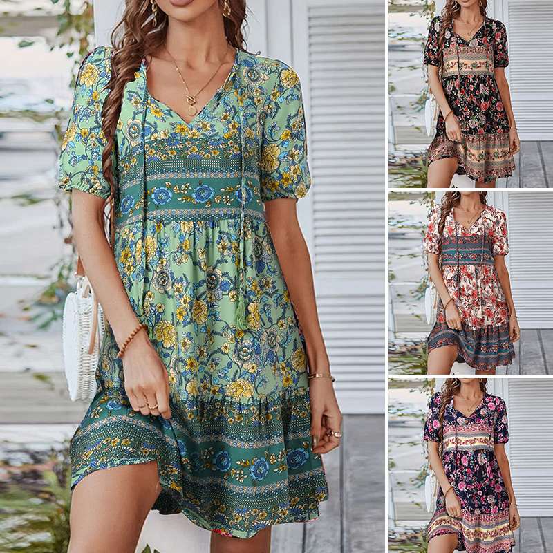 Casual Beach Printing Dress Half Sleeve V-Neck Sundress