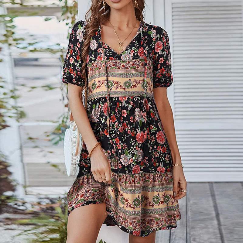 Casual Beach Printing Dress Half Sleeve V-Neck Sundress