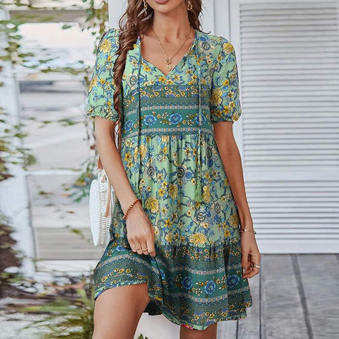 Casual Beach Printing Dress Half Sleeve V-Neck Sundress