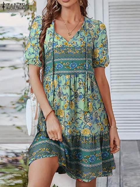 Casual Beach Printing Dress Half Sleeve V-Neck Sundress